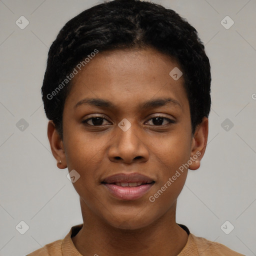 Joyful black young-adult female with short  black hair and brown eyes