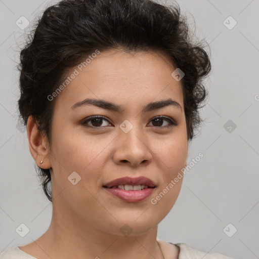 Joyful latino young-adult female with short  brown hair and brown eyes