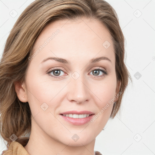 Joyful white young-adult female with medium  brown hair and blue eyes