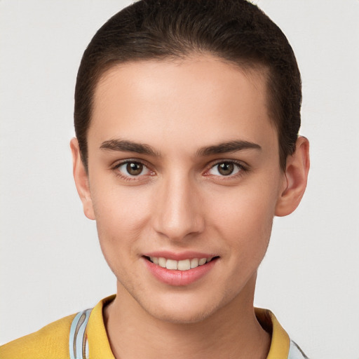 Joyful white young-adult female with short  brown hair and brown eyes