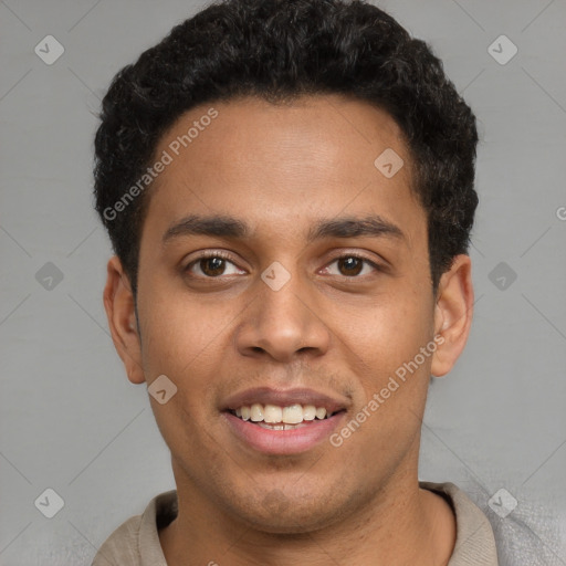 Joyful latino young-adult male with short  brown hair and brown eyes