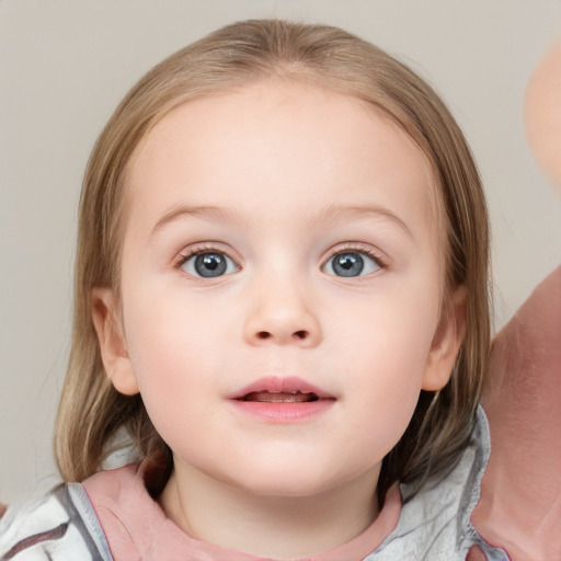 Neutral white child female with medium  brown hair and blue eyes