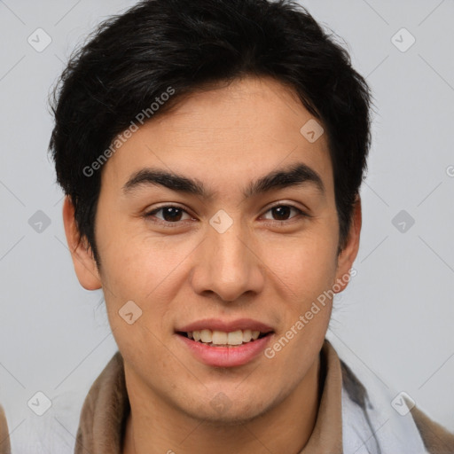 Joyful latino young-adult male with short  brown hair and brown eyes