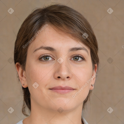 Neutral white young-adult female with medium  brown hair and brown eyes