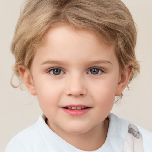 Joyful white child female with medium  brown hair and grey eyes