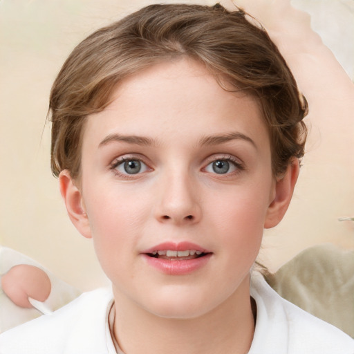 Joyful white child female with medium  brown hair and grey eyes