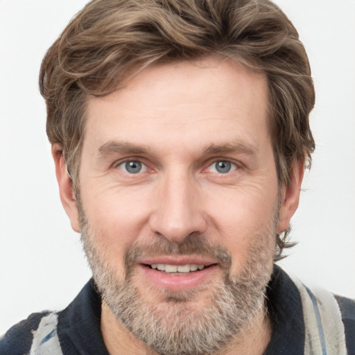 Joyful white adult male with short  brown hair and grey eyes