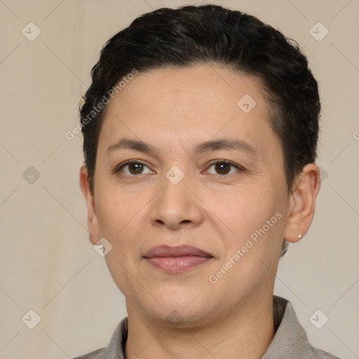 Joyful white adult female with short  brown hair and brown eyes