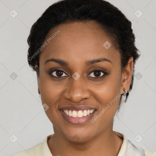 Joyful latino young-adult female with short  black hair and brown eyes