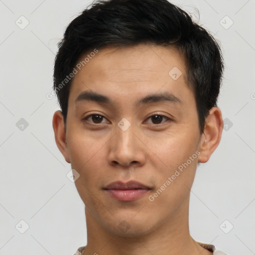 Neutral asian young-adult male with short  black hair and brown eyes