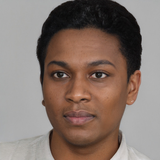 Neutral black young-adult male with short  black hair and brown eyes