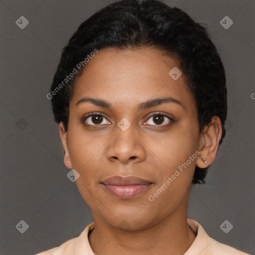 Neutral black young-adult female with short  brown hair and brown eyes