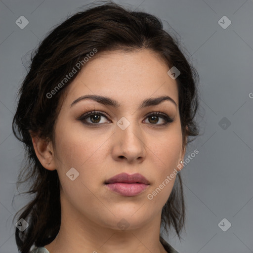 Neutral white young-adult female with medium  brown hair and brown eyes