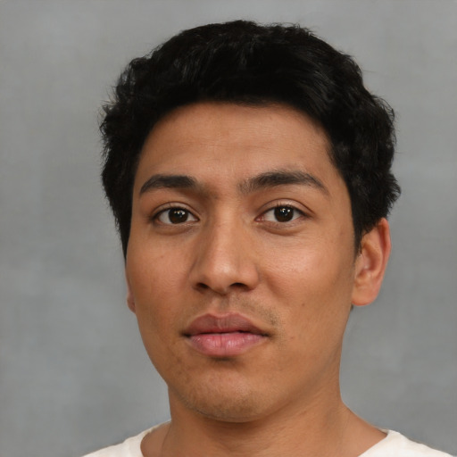 Neutral asian young-adult male with short  black hair and brown eyes