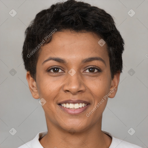 Joyful latino young-adult female with short  brown hair and brown eyes