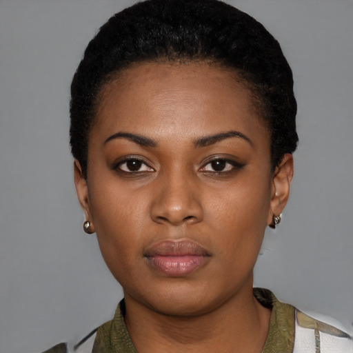 Neutral black young-adult female with short  black hair and brown eyes