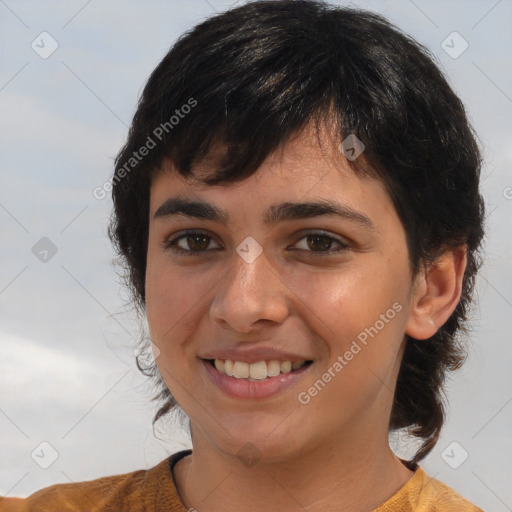 Joyful white young-adult female with medium  brown hair and brown eyes