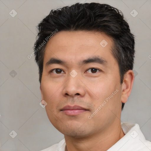 Neutral asian young-adult male with short  black hair and brown eyes