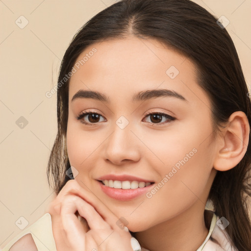 Joyful white young-adult female with medium  brown hair and brown eyes