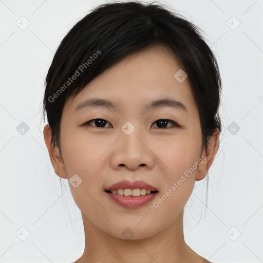 Joyful asian young-adult female with medium  black hair and brown eyes