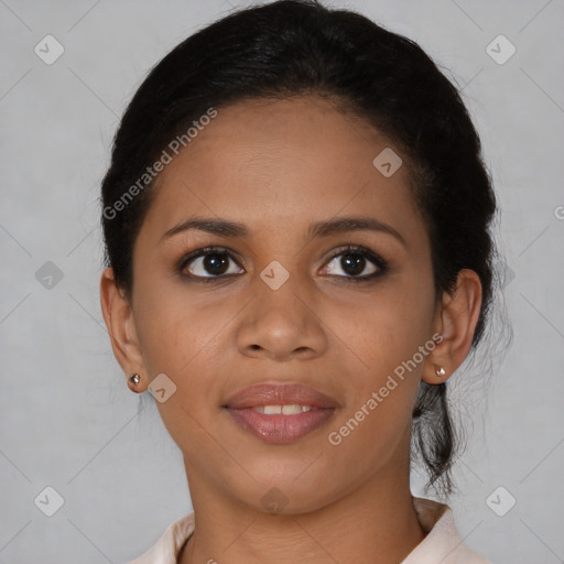 Joyful latino young-adult female with medium  brown hair and brown eyes