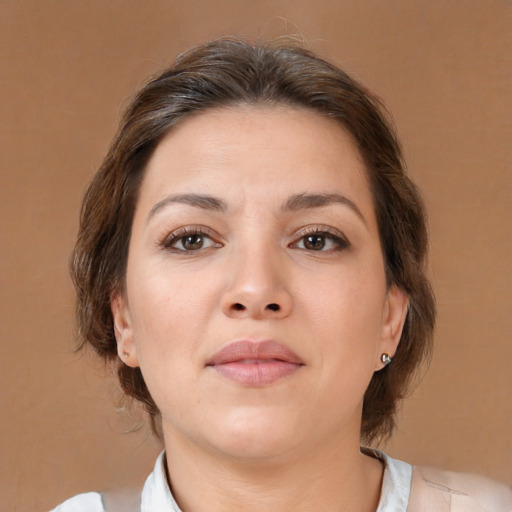 Neutral white young-adult female with medium  brown hair and brown eyes
