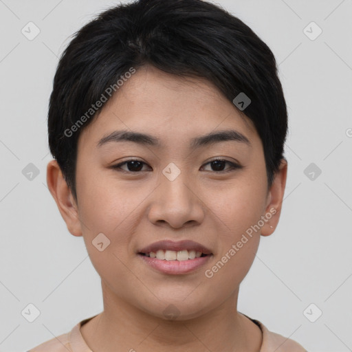 Joyful asian young-adult female with short  brown hair and brown eyes