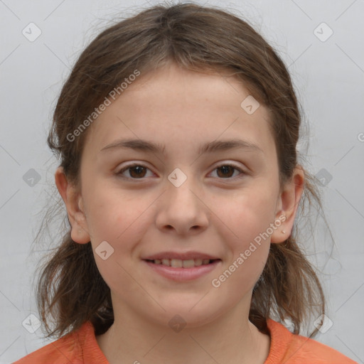 Joyful white child female with medium  brown hair and brown eyes