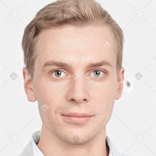 Neutral white young-adult male with short  brown hair and grey eyes