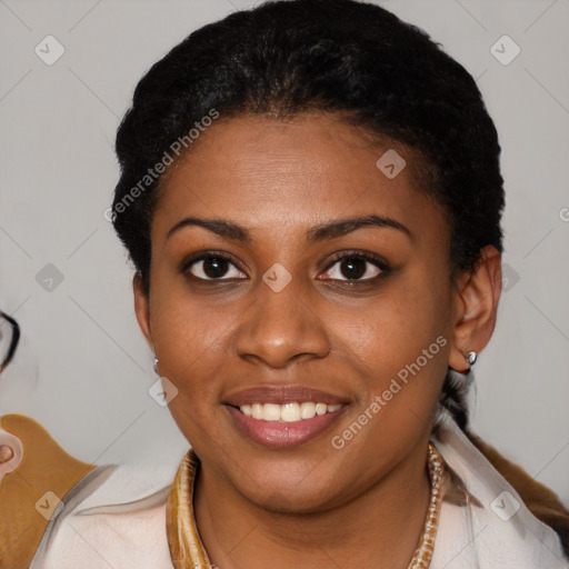 Joyful latino young-adult female with short  brown hair and brown eyes