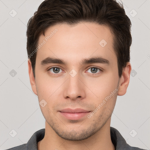 Neutral white young-adult male with short  brown hair and brown eyes