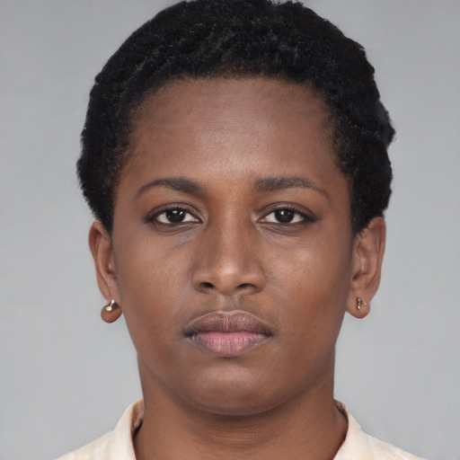Neutral latino young-adult female with short  brown hair and brown eyes