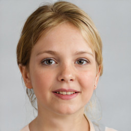 Joyful white child female with medium  brown hair and blue eyes