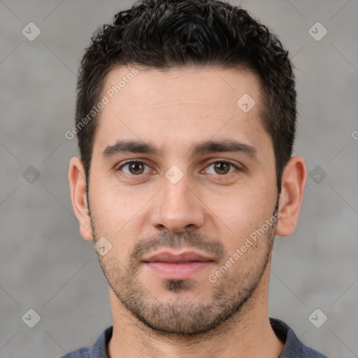 Neutral white young-adult male with short  brown hair and brown eyes