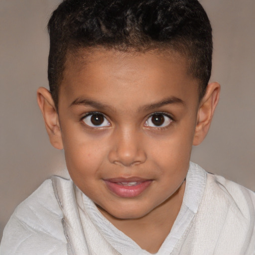 Joyful white child female with short  brown hair and brown eyes