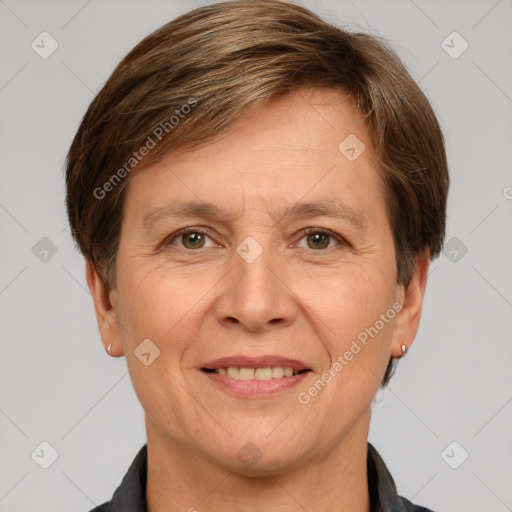 Joyful white adult female with short  brown hair and grey eyes