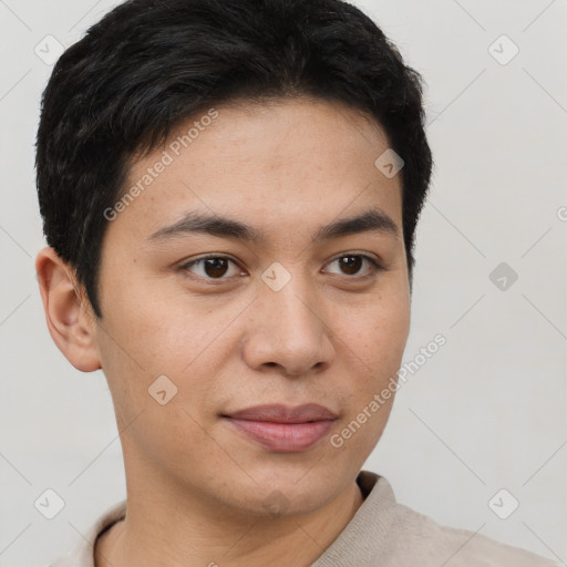 Joyful latino young-adult female with short  brown hair and brown eyes