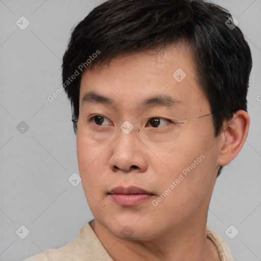 Neutral asian young-adult male with short  brown hair and brown eyes