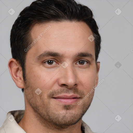 Joyful white young-adult male with short  brown hair and brown eyes