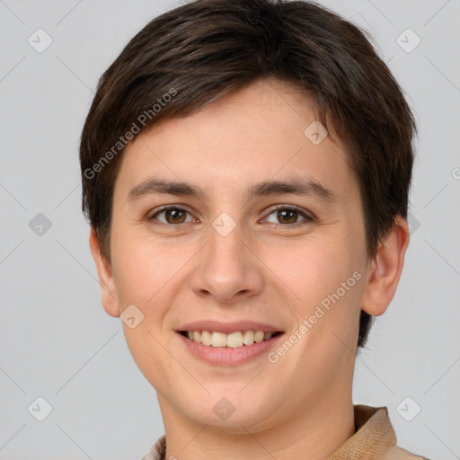 Joyful white young-adult female with short  brown hair and brown eyes