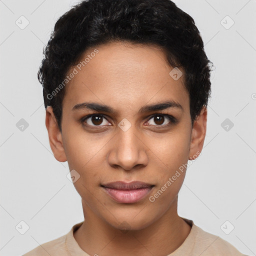 Joyful latino young-adult female with short  brown hair and brown eyes