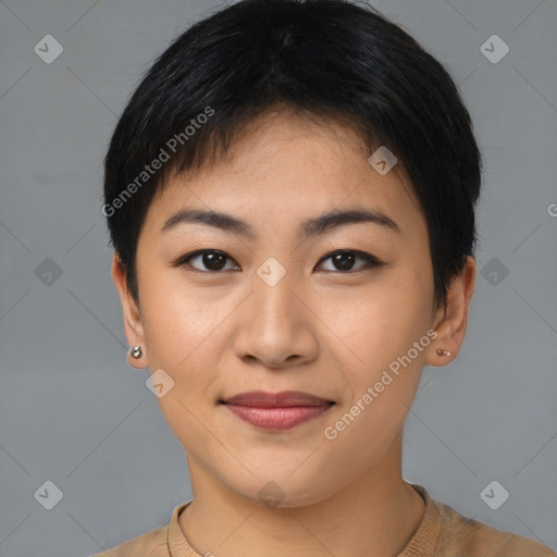 Joyful asian young-adult female with short  brown hair and brown eyes