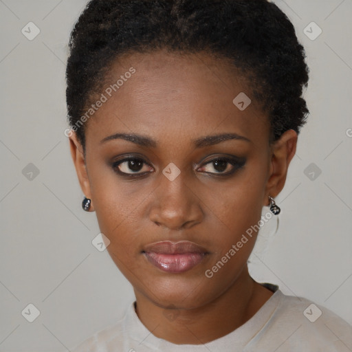 Neutral black young-adult female with short  black hair and brown eyes