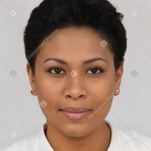 Joyful black young-adult female with short  brown hair and brown eyes