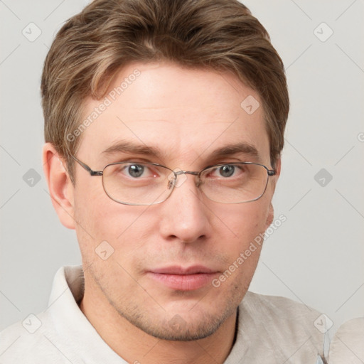 Neutral white adult male with short  brown hair and grey eyes