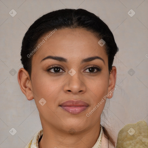 Joyful latino young-adult female with short  brown hair and brown eyes