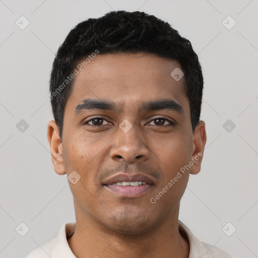 Neutral latino young-adult male with short  black hair and brown eyes