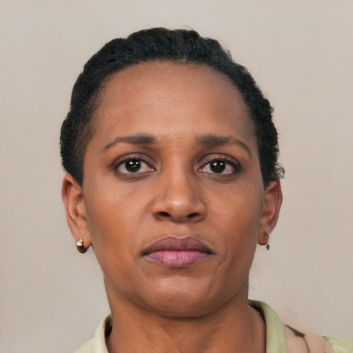 Neutral black young-adult female with short  black hair and brown eyes