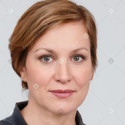 Joyful white young-adult female with medium  brown hair and blue eyes