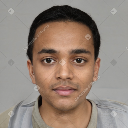Neutral latino young-adult male with short  black hair and brown eyes